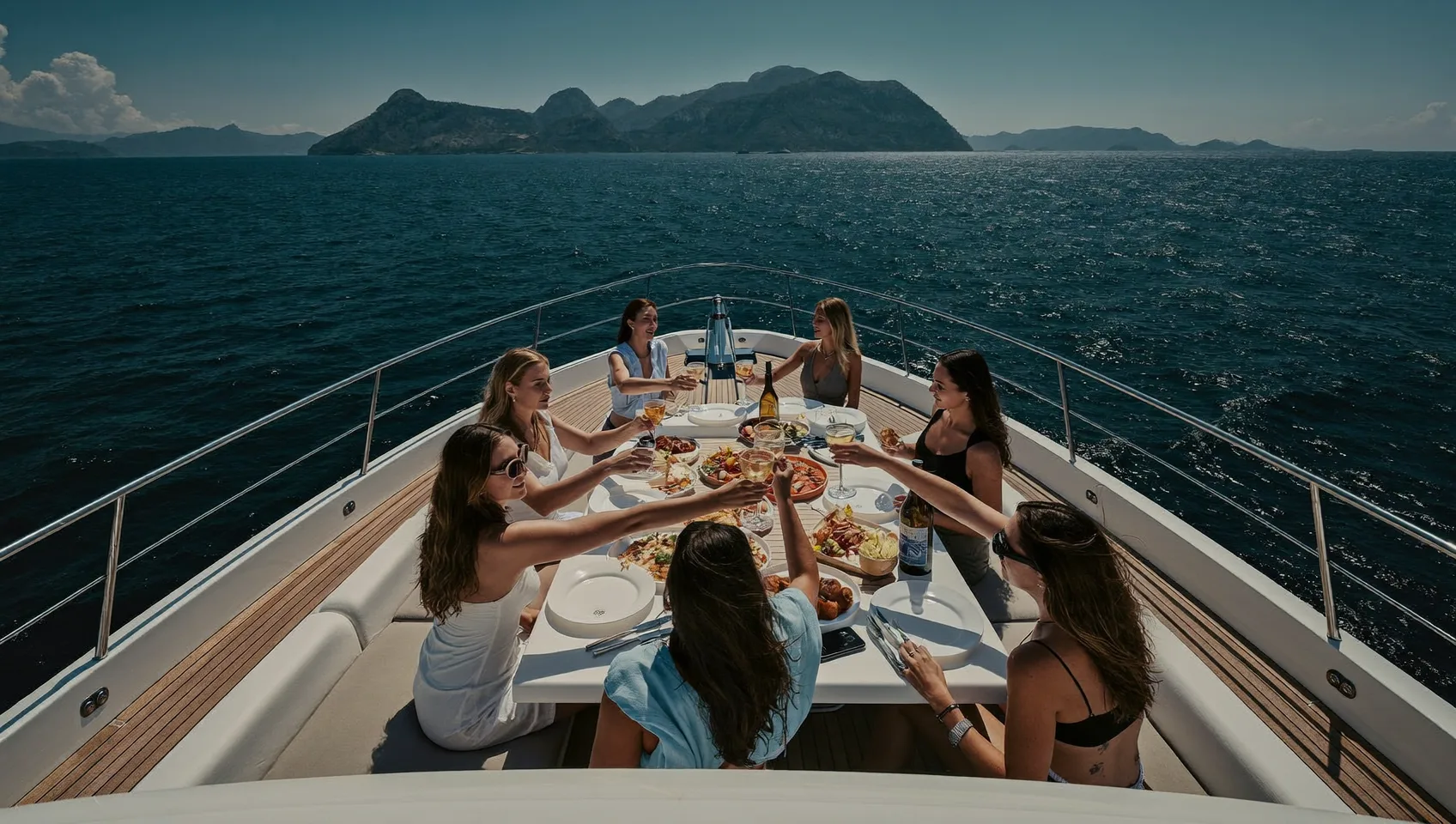 Couple à la proue d'un yacht, côte méditerranéenne